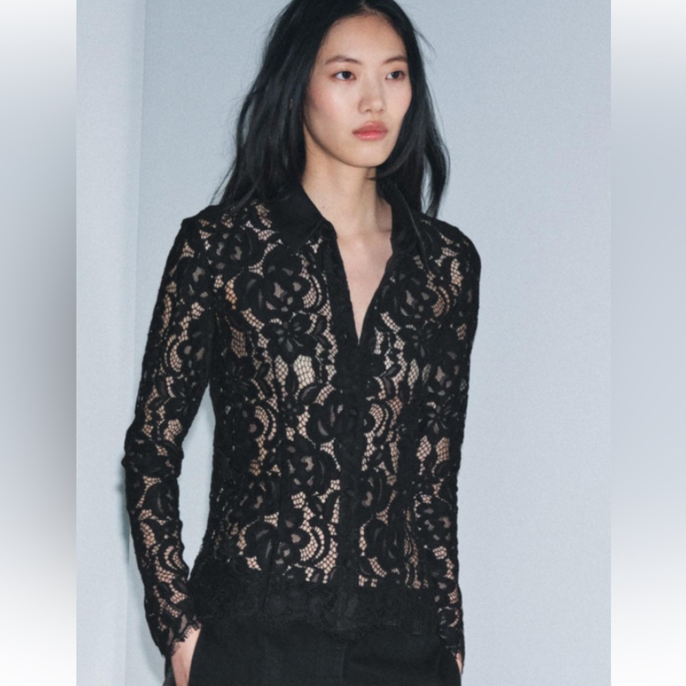 Sheer Black Floral Lace Button-Up Blouse